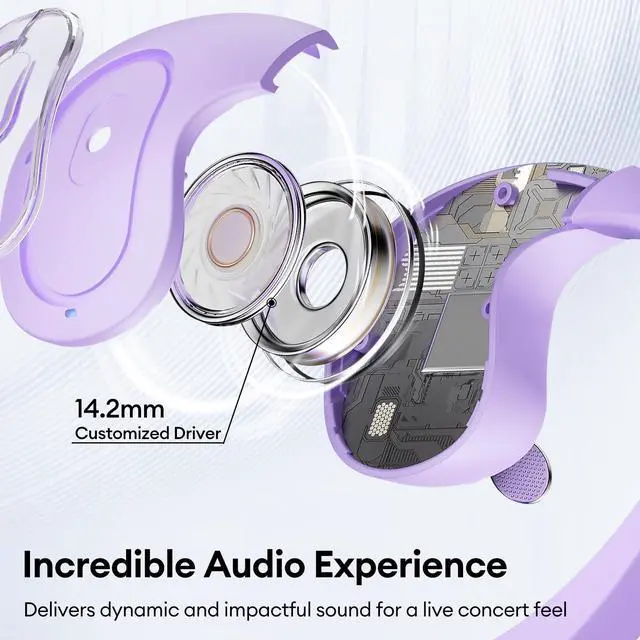 Alt view image 5 of 5 - Transformers Open Ear Earbuds with Ear Hooks,Open Ear Headphone True Wireless Earbuds Over Ear Headphones Bluetooth 5.4 60H Play,IPX5 Waterproof for Work Fitness Running Yoga Gym, Lilac-Nightbiro
