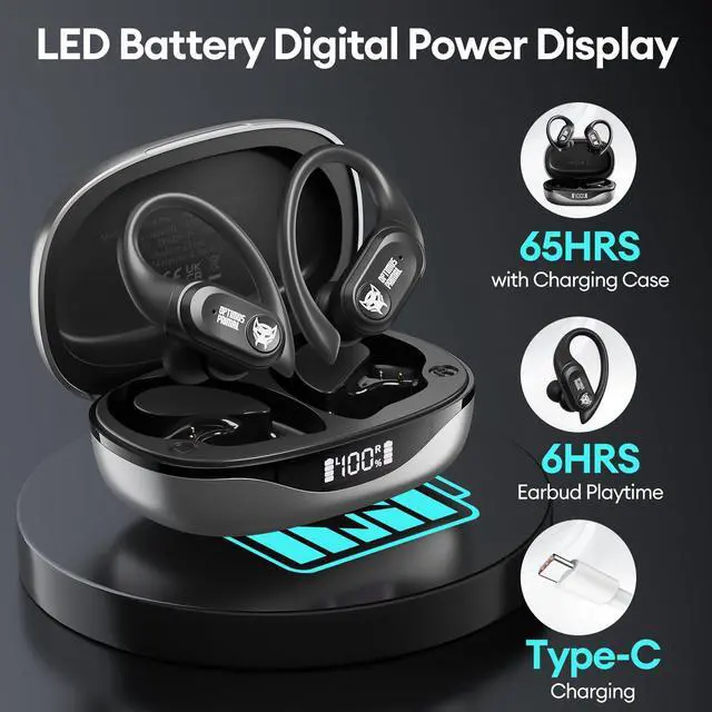 Alt view image 3 of 5 - Transformers Over The Ear Earbuds Wireless Bluetooth 5.4 LED Power Display Earbuds with Earhooks 65H Playtimes Deep Bass IPX5 Waterproof Ear Buds for Sports/Workout, TF-T26Pro Scourge