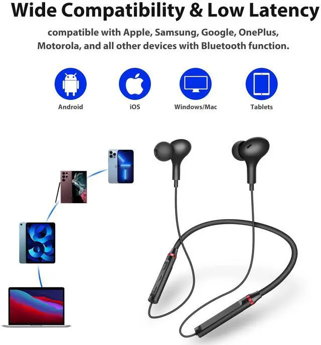 Alt view image 3 of 5 - Wireless Earbuds Bluetooth Headphone NeckBand Earphone for Samsung A53 A54 S24 Ultra S23 FE Z Flip Fold for iPhone 13 Pro Max 15 14 Plus for Google Pixel 9 XL 8 6a 7a Magnetic Neck Strap Sport Headset