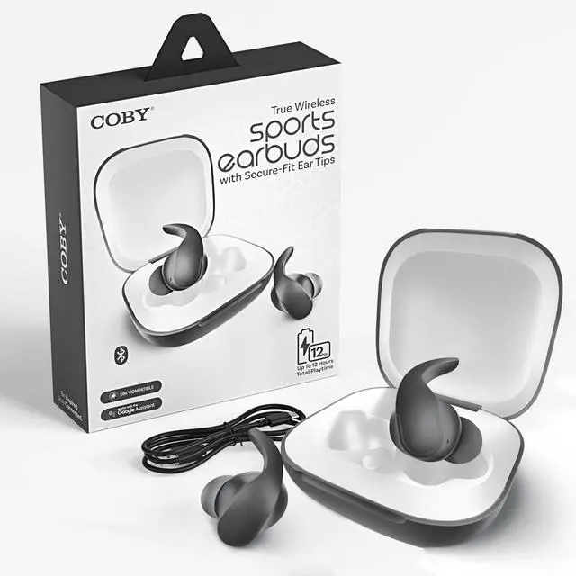 Main image of Coby Sports True Wireless Earbuds w/Secure-Fit Ear Tips | in-Ear Headphones Up to 12 Hours Play | Sweat-Resistant | Noise-Isolating | in-Ear Earbuds | Sports Earbuds, Bluetooth Earbuds (Gray)