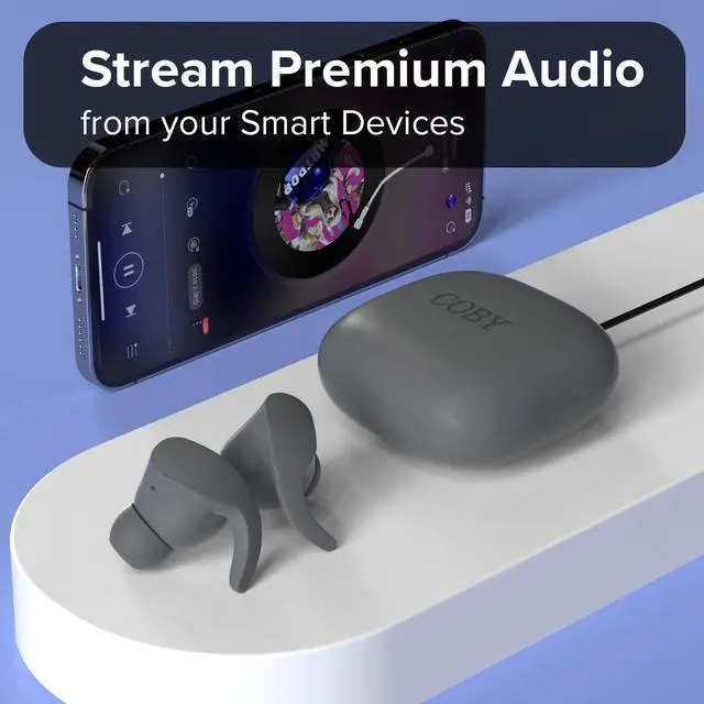 Alt view image 4 of 5 - Coby Sports True Wireless Earbuds w/Secure-Fit Ear Tips | in-Ear Headphones Up to 12 Hours Play | Sweat-Resistant | Noise-Isolating | in-Ear Earbuds | Sports Earbuds, Bluetooth Earbuds (Gray)