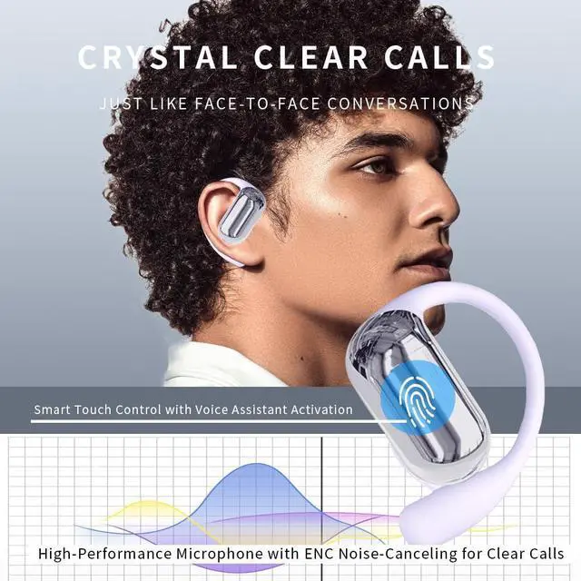 Alt view image 5 of 5 - Open Ear Headphones, Bluetooth 5.4 Earphones, Open Ear Earbuds with Mic, HiFi Sound, Clear Calls, IPX5 Waterproof, 40H Playtime, Ear Hooks, Wireless Headsets for Running Cycling Driving Workout Purple