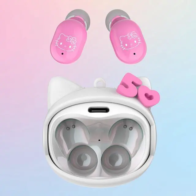 Main image of Hello Kitty 50th Anniversary Wireless Bluetooth Earbuds with Rotating Charging Case | Built-in Mic, Hands-Free Calling, Pink Design for Kids & Fans | Flip Face Feature