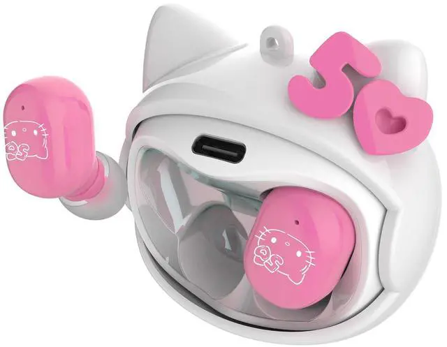 Alt view image 2 of 5 - Hello Kitty 50th Anniversary Wireless Bluetooth Earbuds with Rotating Charging Case | Built-in Mic, Hands-Free Calling, Pink Design for Kids & Fans | Flip Face Feature