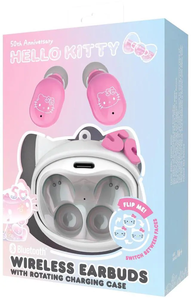 Alt view image 5 of 5 - Hello Kitty 50th Anniversary Wireless Bluetooth Earbuds with Rotating Charging Case | Built-in Mic, Hands-Free Calling, Pink Design for Kids & Fans | Flip Face Feature