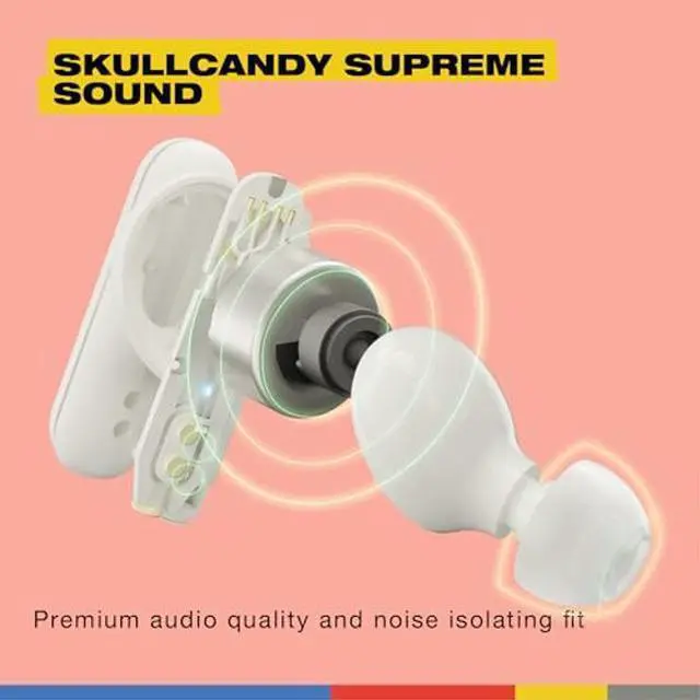 Alt view image 4 of 5 - Skullcandy Smokin Buds Wireless Earbuds, Bluetooth Headphones, Noise Isolating Fit, Up to 20 Hours Battery, IPX4 Sweat and Water Resistant, Microphone for iPhone Android - Bone