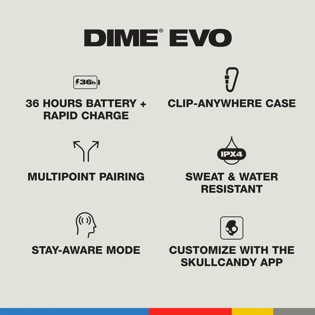 Alt view image 2 of 5 - Skullcandy Dime Evo Wireless Earbuds, Bluetooth Headphones, Noise Isolating Fit, Up to 36 Hours Battery, Microphone for iPhone Android, Easy Carry with Clip-Anywhere Case - Bone