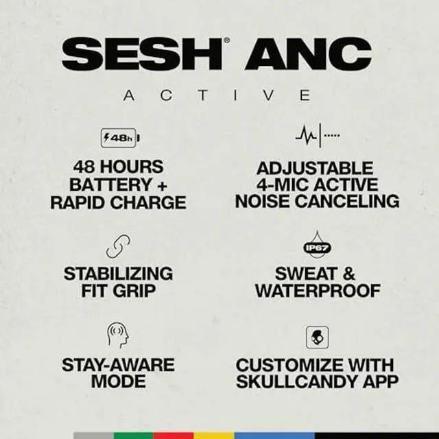 Alt view image 2 of 5 - Skullcandy Sesh ANC Active Wireless Earbuds, Bluetooth Headphones, Noise Cancelling, Up to 48 Hours Battery, Stabilizing Fit Grip, Sweat and Waterproof, Microphone for iPhone Android - Black/Orange