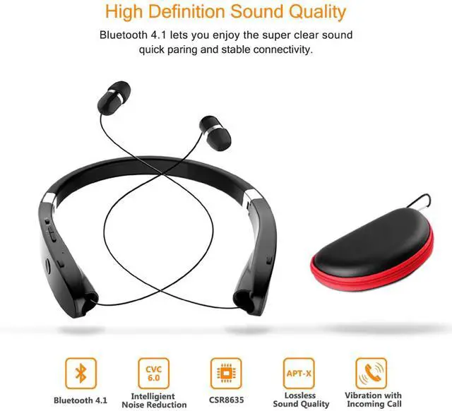 Alt view image 4 of 5 - Foldable Bluetooth Headset, Beartwo Lightweight Retractable Bluetooth Headphones for Sports&Exercise, Noise Cancelling Stereo Neckband Wireless Headset (with carry case)