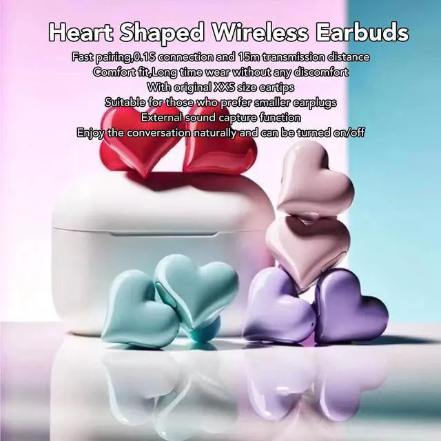 Alt view image 2 of 5 - Heart Shape Earphones Earbuds, HiFi Stereo Bluetooth 5.3 Headphones with Charging Case, in Ear Bluetooth Earphones, 20Hrs Playtime for Lover Couples Sport Travel (Pin)