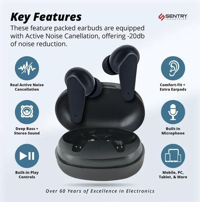 Alt view image 4 of 5 - SENTRY OSE Wireless Stem Earbuds, Active Noise Canceling, -20 dB of Sound Reduction, Portable Charging Case, 10 Hours Playtime, Touch Controls, Built in Microphone, with USB C Charging Cable (Black)