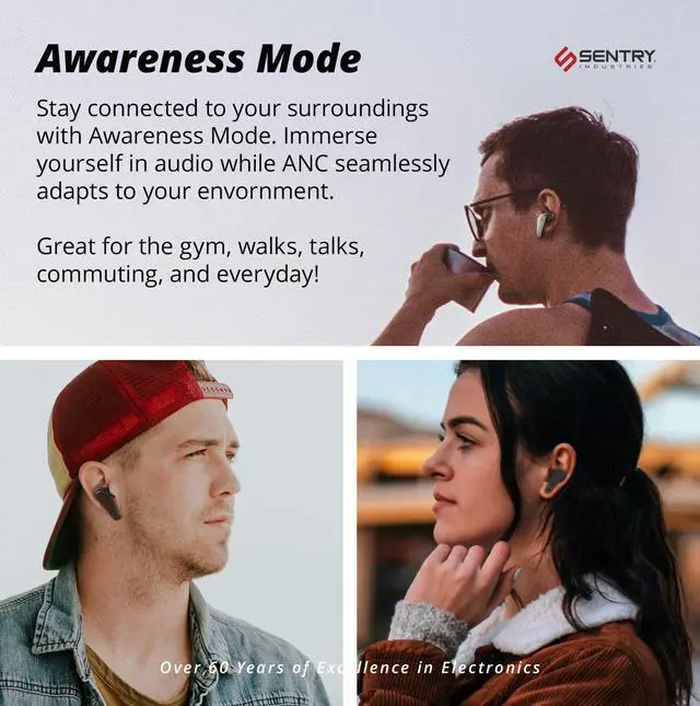 Alt view image 3 of 5 - SENTRY OSE Wireless Stem Earbuds, Active Noise Canceling, -20 dB of Sound Reduction, Portable Charging Case, 10 Hours Playtime, Touch Controls, Built in Microphone, with USB C Charging Cable (Black)
