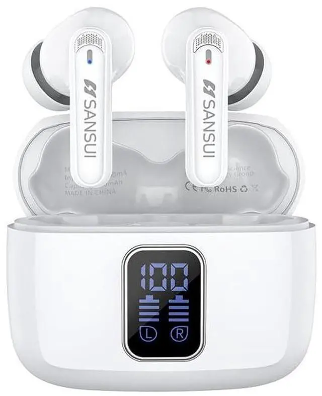 Main image of SANSUI W9 TWS Earbuds, Wireless 5.4, Sports Headphones, Low Latency Gaming, LED Display, Hi-Fi Stereo, 10MM Speaker, 23 Hours Playtime, with Charging Case (White)