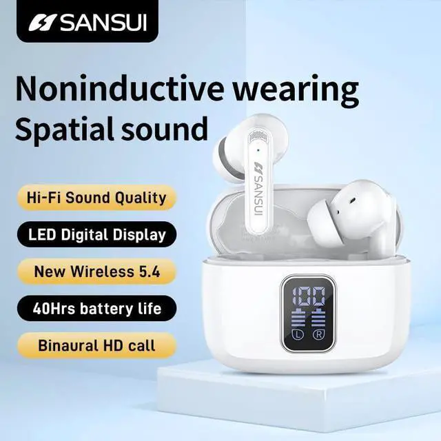 Alt view image 3 of 5 - SANSUI W9 TWS Earbuds, Wireless 5.4, Sports Headphones, Low Latency Gaming, LED Display, Hi-Fi Stereo, 10MM Speaker, 23 Hours Playtime, with Charging Case (White)