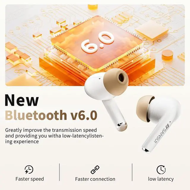 Alt view image 2 of 5 - SANSUI Earbuds Wireless Bluetooth 6.0,ANC Noise Cancelling IPX4 Waterproof Stereo Headphones, Noise Cancelling Earbuds,up to 20 Hours of Battery Life,Deeper Bass,W59 (Khaki White)