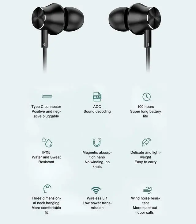 Alt view image 2 of 5 - Neckband Headphones, BT 5.1 IPX5 Waterproof Noise Canceling Magnetic Auto Absorption Ergonomic Design, Earphones for Sports