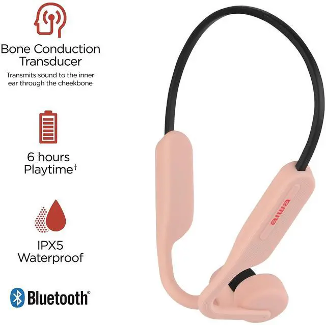Alt view image 3 of 5 - Aiwa Bone Conducting Wireless Headphones - Open-Ear Wireless Bluetooth 5.0 Sports Headphones, 6 Hours Playtime, IPX5 Waterproof Earphones for Gym, Running, Hiking, and Cycling, Pink