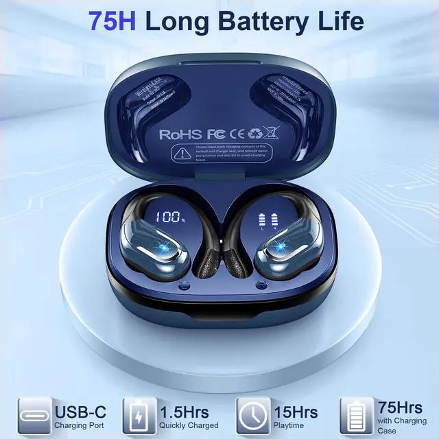 Alt view image 4 of 5 - Wireless Earbuds Sport, Bluetooth 5.4 Headphones 2024 Bluetooth Earbuds with 75Hrs Stereo, 4 ENC Mic, Over-Ear Buds with Earhooks Noise Canceling Earphones , IP7 Waterproof Headset for Workout/Running