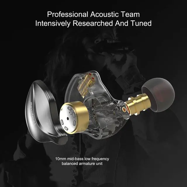 Alt view image 3 of 5 - RevoNext in Ear Monitor Headphones HiFi Stereo Wired Earbuds with Microphone 2 Pin Detachable Cable IEM Earphones for Musicians Drummers Singers, Black