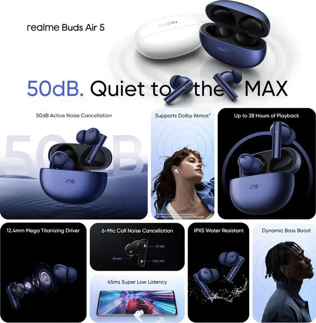 Alt view image 2 of 5 - realme Buds Air 5 Truly Wireless in-Ear Earbuds with 50dB ANC, 12.4mm Mega Titanized Dynamic Bass Driver, Upto 38Hrs Battery with Fast Charging & 45ms Ultra-Low Latency for Gaming - (White)