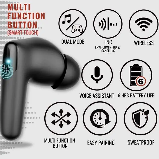 Alt view image 2 of 5 - T-90 BoomSounZ Sweatproof Wireless Earbuds  ENC Noise Cancelling Ear buds with Dual Mode for Music & Gaming, Deep Bass Touch Controls, Fast Charging Long Battery Life, Secure Fit for Workouts & Calls