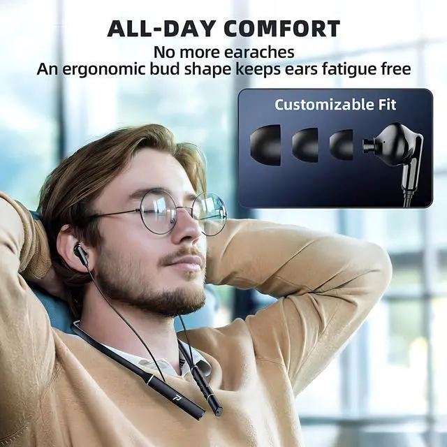 Alt view image 5 of 5 - A12 Neckband Bluetooth 5.3 Earbuds - 60H Playtime, Built-in OTG Fast Charger, Lightweight Memory Steel, Type-C Adapter, Noise-Isolating Earphones for Sports, Gaming & Calls