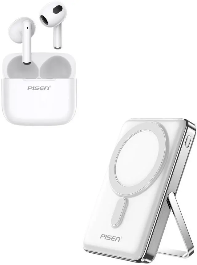 Main image of PISEN Wireless Earbuds in-Ear Headphones & Mag-Safe Portable Power Bank, Bluetooth 5.3 Deep Bass Hi-Fi Stereo Ear Buds & 10000mAh Wireless Foldable Charger 30W PD Fast Charging Magnetic, White