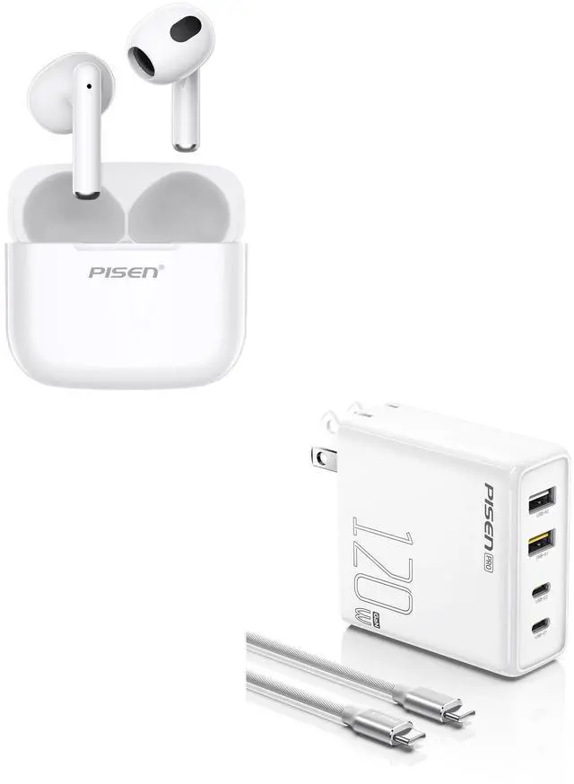 Main image of PISEN Wireless Earbuds in-Ear Headphones 120W USB C Charger, PPS 4-Port GaN USB C Charger Block Fast Charging with 6FT USB-C to C Cable & Bluetooth 5.3 Deep Bass Hi-Fi Stereo Ear Buds with Mic