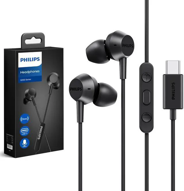 Main image of Philips USB C Earbuds Wired with Microphone, in Ear Type C Headphones with mic, Powerful Bass, Lightweight, USB-C Wired Earphones, 3-Button in-line Remote Ear Buds (Black)