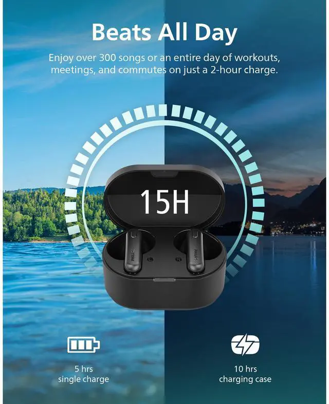 Alt view image 5 of 5 - PHILIPS TAT1108 Wireless Earbuds,True Wireless Headphones,Powerful Bass with 6 mm Driver,Clear Call with AI Mic,15-Hour Battery Life,Bluetooth v5.3,IPX4 Rating,Ergonomic Design for Comfort,Black