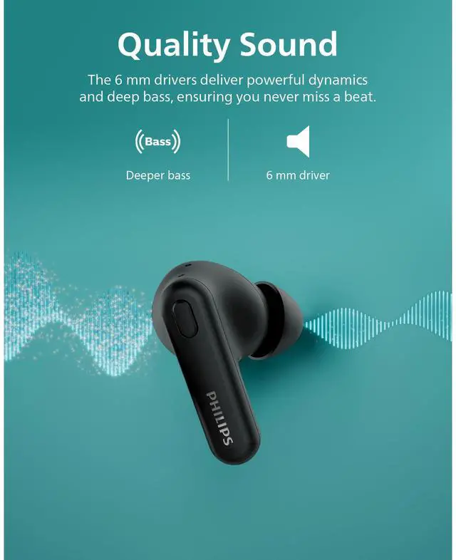 Alt view image 2 of 5 - PHILIPS TAT1108 Wireless Earbuds,True Wireless Headphones,Powerful Bass with 6 mm Driver,Clear Call with AI Mic,15-Hour Battery Life,Bluetooth v5.3,IPX4 Rating,Ergonomic Design for Comfort,Black