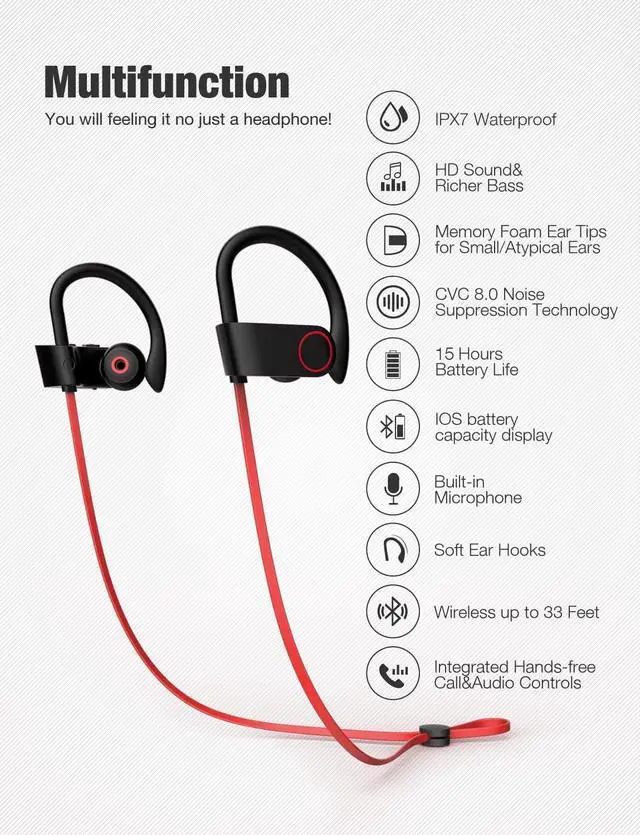 Alt view image 2 of 5 - Otium Bluetooth Headphone Wireless Headphone IPX7 Waterproof Headphones 15 Hour Playtime Wireless Earbuds with Mic Stereo Sweatproof in-Ear Headphones Gym Running Workout Sound Isolation Headset