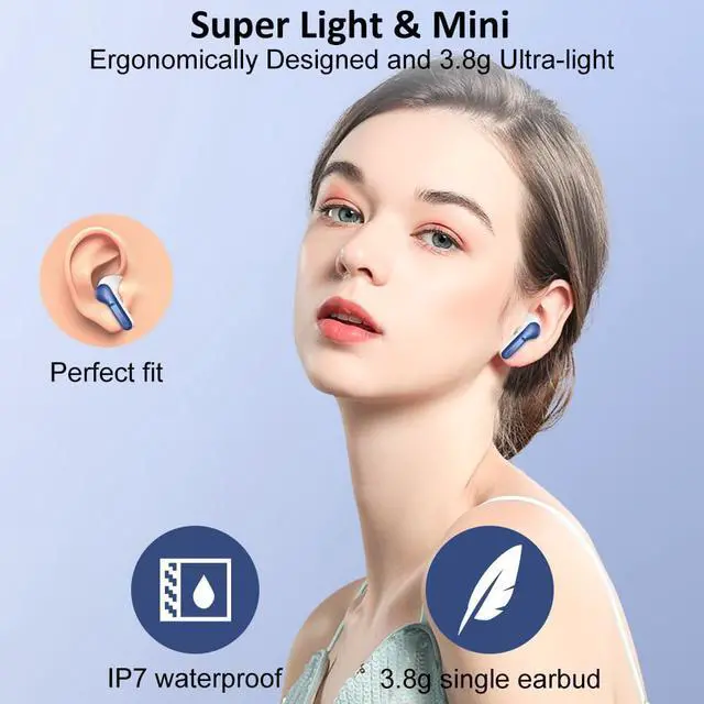Alt view image 5 of 5 - Wireless Earbud Bluetooth 5.4 Headphones, Hi-Fi Stereo Ear Buds with 4 ENC Cancelling Mics, 40H in-Ear Earphones IP7 Waterproof Sports, LED Display, Mini Headset for Laptop Pad TV Phones, Deep Blue