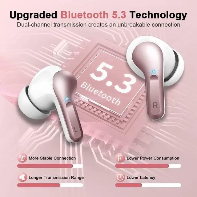 Alt view image 2 of 5 - Wireless Earbuds, Bluetooth 5.3 Headphones 2025 NEW Ear Buds 40H Bass Stereo in-Ear Earphones ENC Noise Cancelling Earbuds with 4 HD Mic, USB-C LED Display IP7 Waterproof Sport Headset for Android iOS