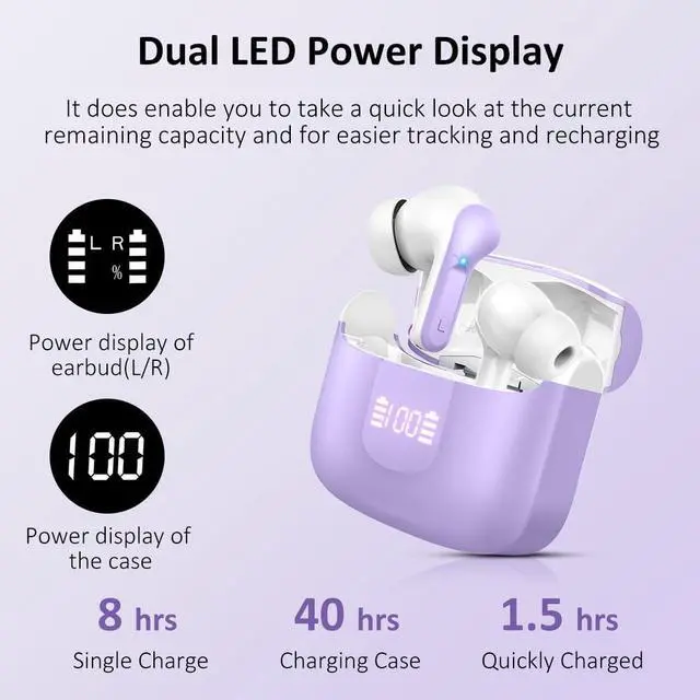 Alt view image 4 of 5 - Wireless Earbud Bluetooth 5.3 Headphones, Hi-Fi Stereo Ear Buds with 4 ENC Cancelling Mics, 40H in-Ear Earphones IP7 Waterproof Sports, LED Display, Mini Headset for Laptop Pad TV Android/iOS, Purple