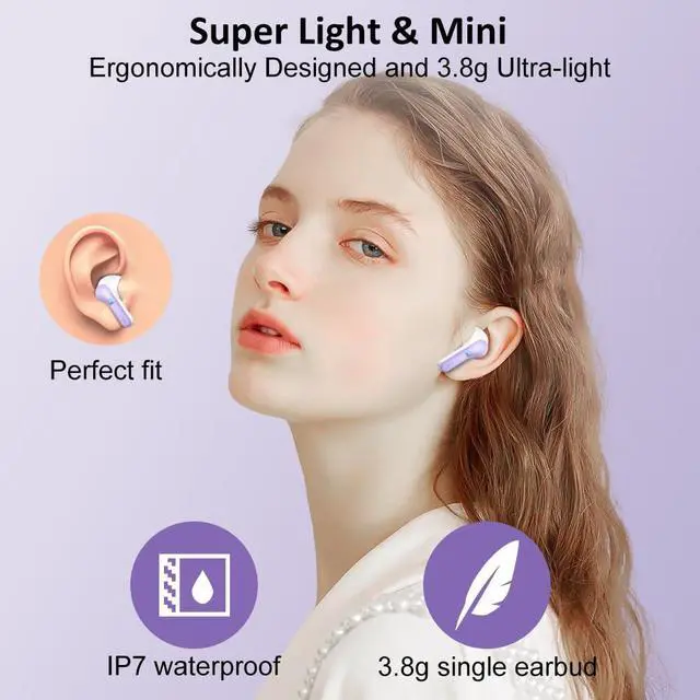 Alt view image 5 of 5 - Wireless Earbud Bluetooth 5.3 Headphones, Hi-Fi Stereo Ear Buds with 4 ENC Cancelling Mics, 40H in-Ear Earphones IP7 Waterproof Sports, LED Display, Mini Headset for Laptop Pad TV Android/iOS, Purple
