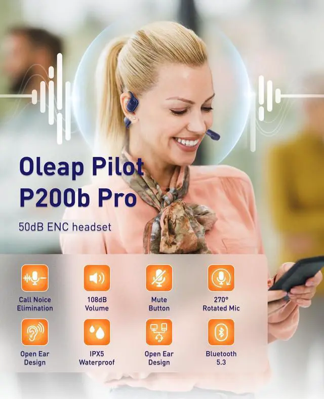 Alt view image 2 of 5 - oleap Pilot P200b Pro Open Ear Noise Cancelling Headset Wireless Bluetooth with Charging Stand, 50dB ENC Call Noise Elimination