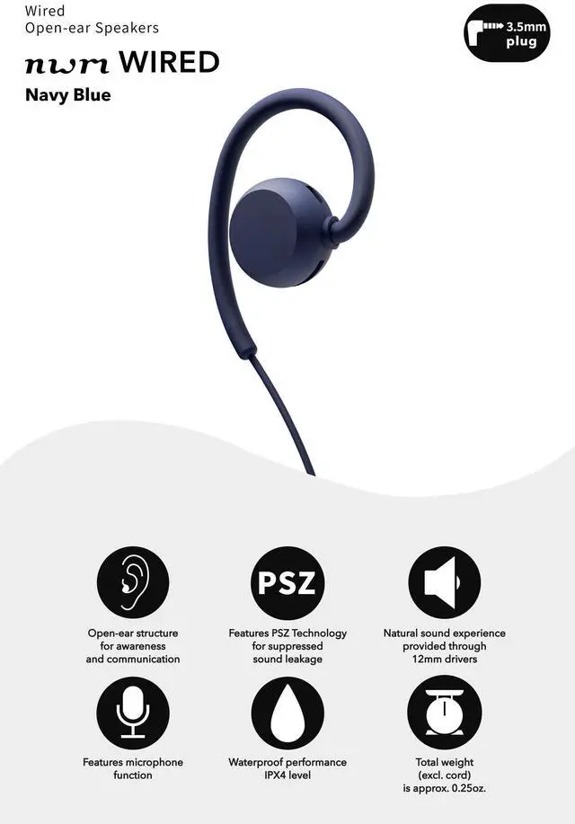 Alt view image 3 of 5 - nwm Wired On-Ear Speakers (Open Ear Earphones) Prevents Sound Leakage with PSZ Technology Including Microphone Designed by NTT Sonority in Japan | Navy Blue