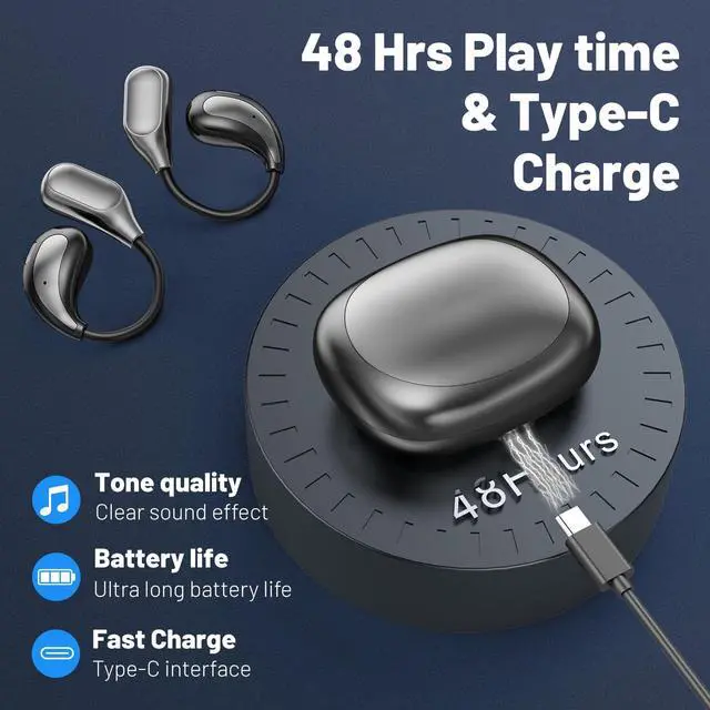 Alt view image 4 of 5 - MSHUKCOE Open Ear Wireless Bluetooth Headphones, Sport Over Headset Built-in Mic, LED Display, Touch Control Earphones, IPX5 Waterproof for Sports Running Driving Cycling (Khaki)