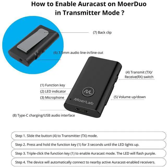 Alt view image 4 of 5 - Moerlab Auracast Solution Bundle Kit: 1 MoerDuo & 2 hearClear Earbuds Bundle-Seamless Bluetooth Auracast Audio for Enhanced Listening!
