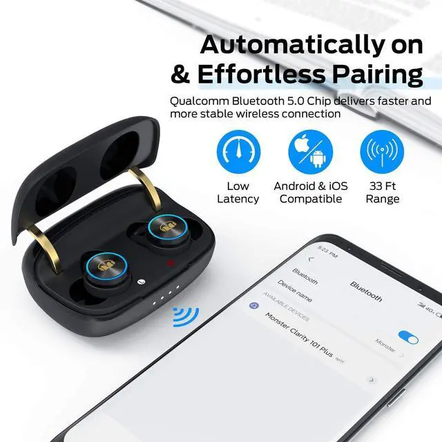 Alt view image 5 of 5 - Monster Clarity 101Plus AirLinks Wireless Earbuds, Bluetooth 5.0 in-Ear Headphones with Charging Case, Stereo Earphones Deep Bass Sound, Built-in Mic, Clear Call, Water Resistant Design for Sports.