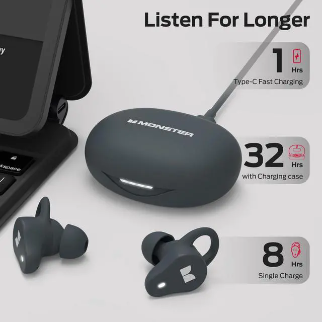 Alt view image 4 of 5 - Monster N-Lite 210 Wireless Earbuds, Bluetooth 5.4 in-Ear Stereo Headphones, Built-in Mic for Crystal Clear Call, 32H Playtime, Type-C Charging, Waterproof in-Ear Ear Buds Earphones for Sports, Grey