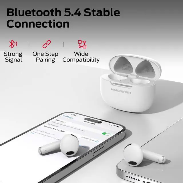 Alt view image 5 of 5 - Monster N-Lite 208 Wireless Earbuds, Bluetooth Earbuds Touch Control, Headphones Bluetooth Wireless with 30H Playtime, Type-C Fast Charging, Clear Call, Comfortable Fit for Running, White