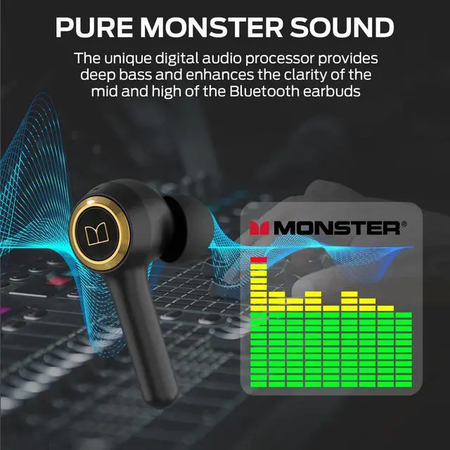 Alt view image 2 of 5 - Monster Clarity 102 Plus Wireless Earbuds, Bluetooth Headphones with HiFi Stereo, 4 ENC Mic for Crystal Clear Call, 30H Playtime, Type-C Charging, IPX6 Waterproof in-Ear Ear Buds for Sports (Gold)