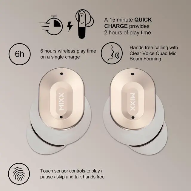 Alt view image 3 of 5 - MIXX StreamBuds Ultra Dots True Wireless Earbuds with Zinc Alloy Charging Case, 24H Battery, Touch Controls, Custom EQ via App, Fast Charging, Bluetooth 5.3 (Champagne)