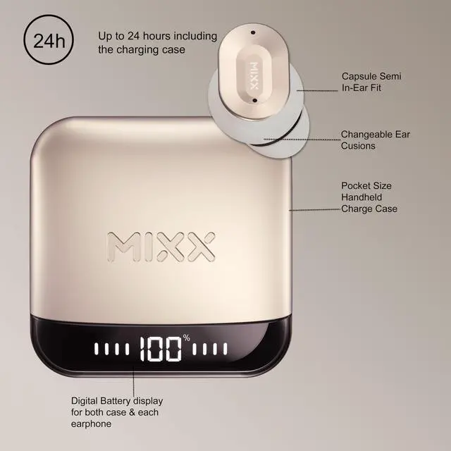 Alt view image 4 of 5 - MIXX StreamBuds Ultra Dots True Wireless Earbuds with Zinc Alloy Charging Case, 24H Battery, Touch Controls, Custom EQ via App, Fast Charging, Bluetooth 5.3 (Champagne)