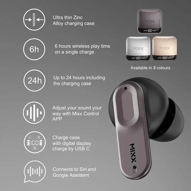 Alt view image 2 of 5 - MIXX StreamBuds Ultra Mini True Wireless Earbuds with Zinc Alloy Case, 24H Battery, Touch Controls, Custom EQ via App, Quick Charge, Bluetooth 5.3 (Black)