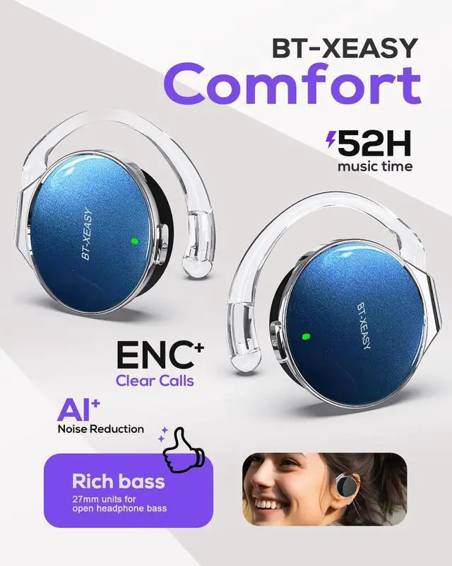 Alt view image 5 of 5 - On Ear Headphones Bluetooth 5.4, Noise Cancelling Open Ear Headphones Wireless, Water-Drop Shaped Clip On Sport Headset Bluetooth with 4 Microphone, Comfort Fit Earphones with Long Battery Life