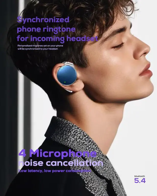 Alt view image 4 of 5 - On Ear Headphones Bluetooth 5.4, Noise Cancelling Open Ear Headphones Wireless, Water-Drop Shaped Clip On Sport Headset Bluetooth with 4 Microphone, Comfort Fit Earphones with Long Battery Life