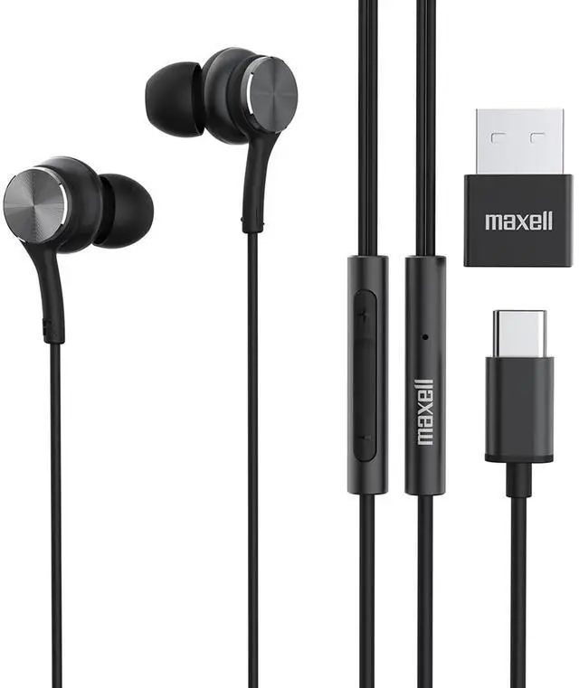 Main image of Maxell USB-C Wired Earbuds with USB-A Adapter, Built-in Microphone with Volume and Track Control, Compatible with All Devices with a USB-C and/or USB-A Port, Immersive Digital Chipset, Black, 197299
